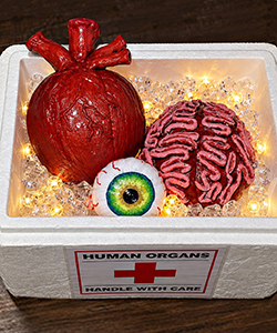 Pumpkin Entry #13- 3 pumpkins decorated like human organs - an eye, heart and brain - all in a cooler with lights to look like ice and label on front of cooler stating Human Organs